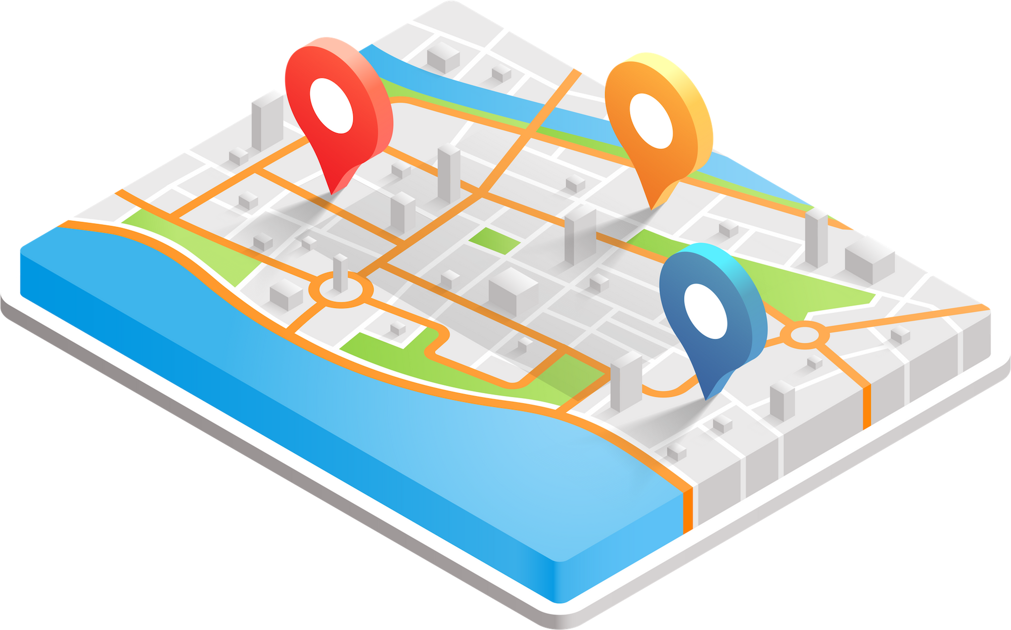 A stylized 3D icon of a map with three location markers